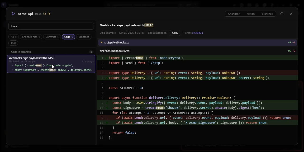 Ctrl+Shift+G opens the Git window on acme-api: an edit not staged yet as a diff, a commit in History with its changes, then a search for hmac that finds it in two changed files, a commit message and the code a commit added, each opened with the matches marked