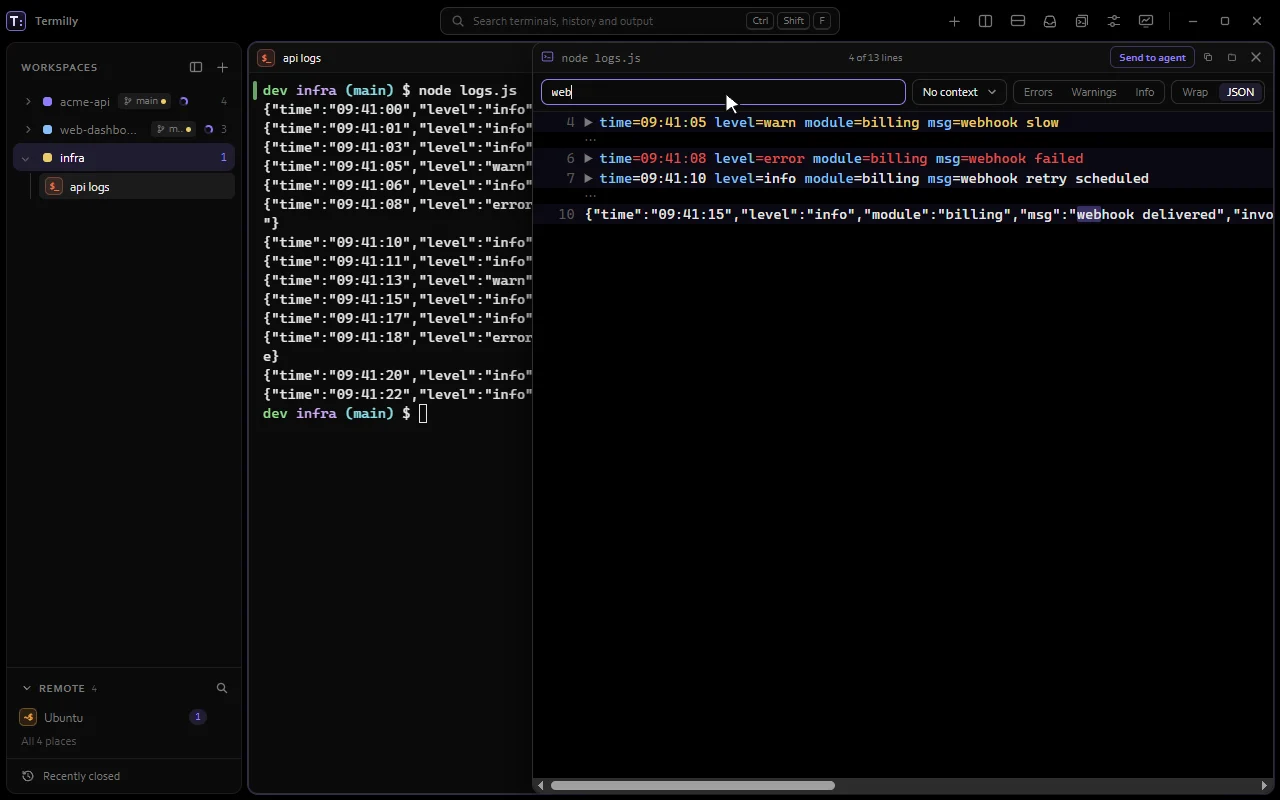 JSON log output opened in the output viewer, filtered for webhook and then to errors only