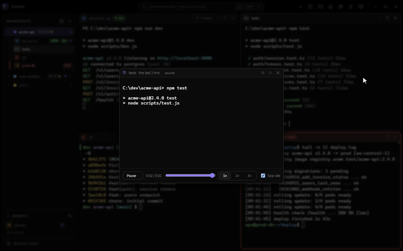 Rewinding a terminal plays back its last minutes of output in a player with speed controls