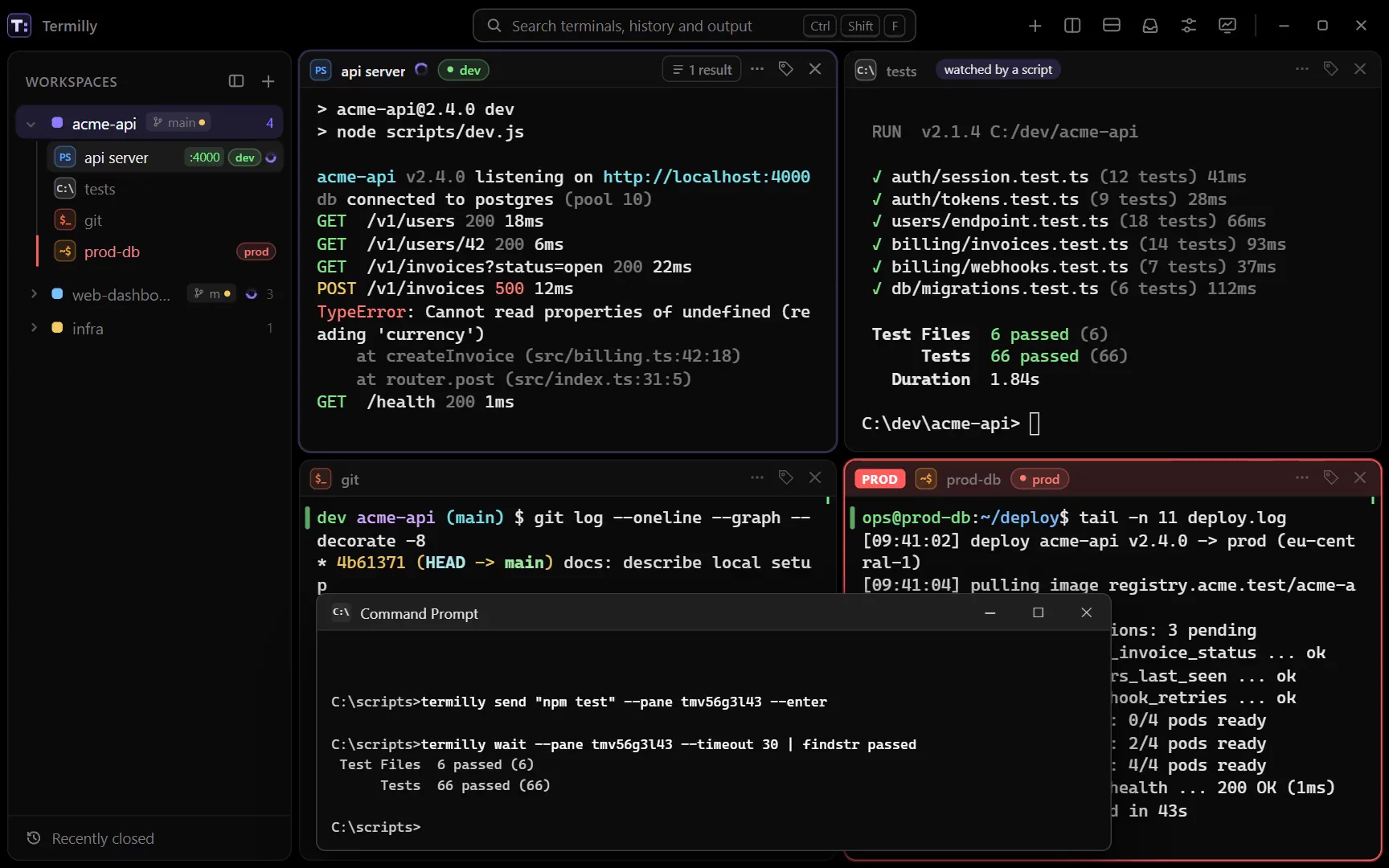 A script types npm test into the tests terminal through termilly send and waits for the result