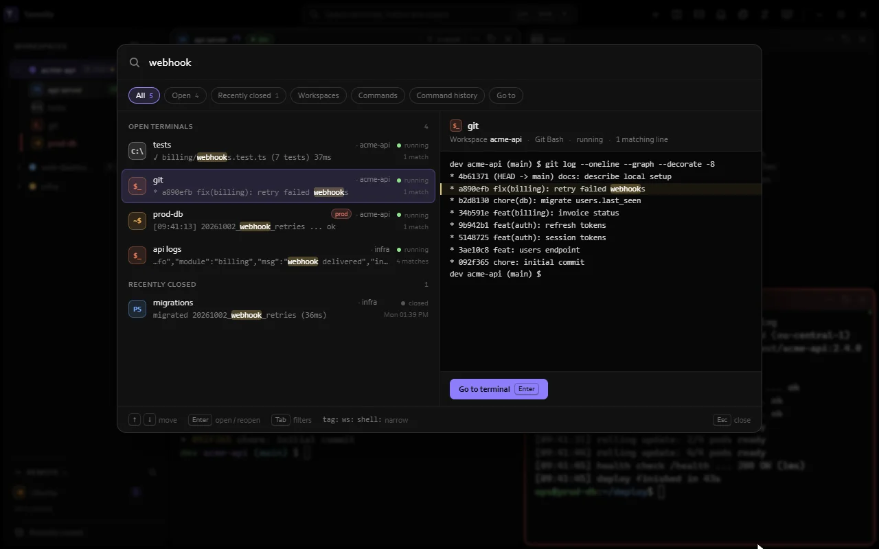 Searching for webhook across open and closed terminals, then narrowing to tag:prod