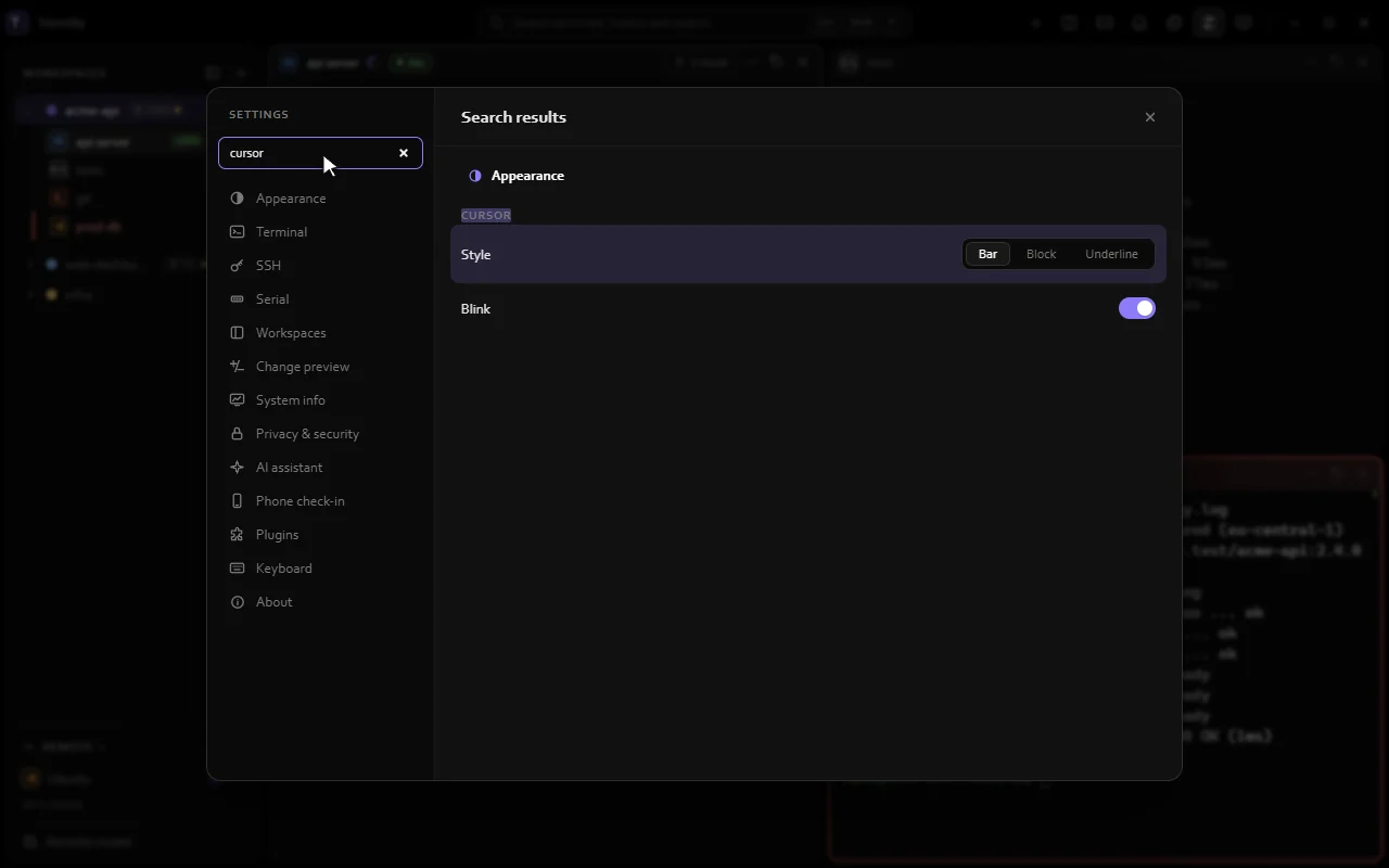 Settings: searching for cursor and history, then the Terminal and Privacy sections