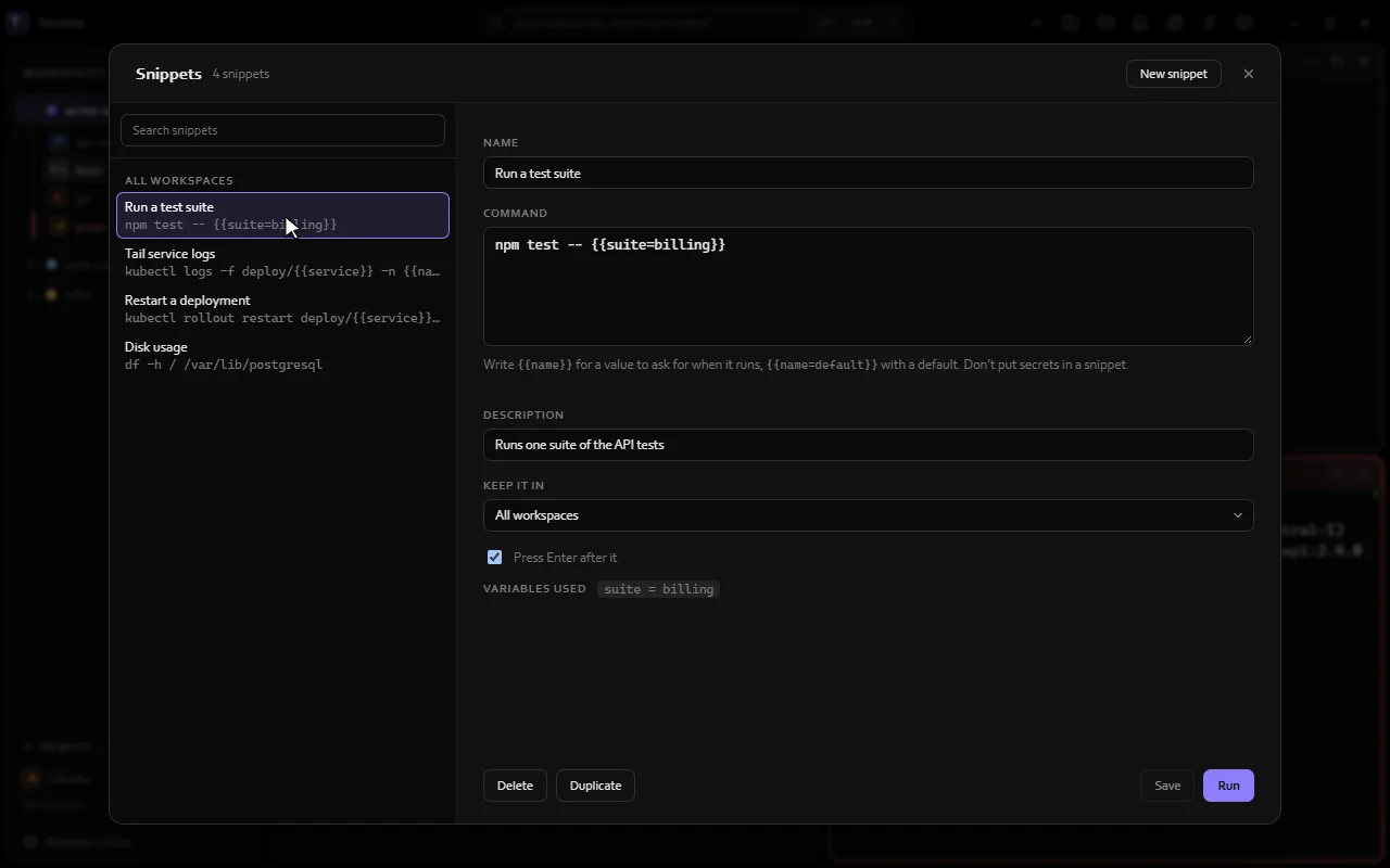 The Snippets window: picking a snippet, running it, filling in its value, and the command running in the terminal