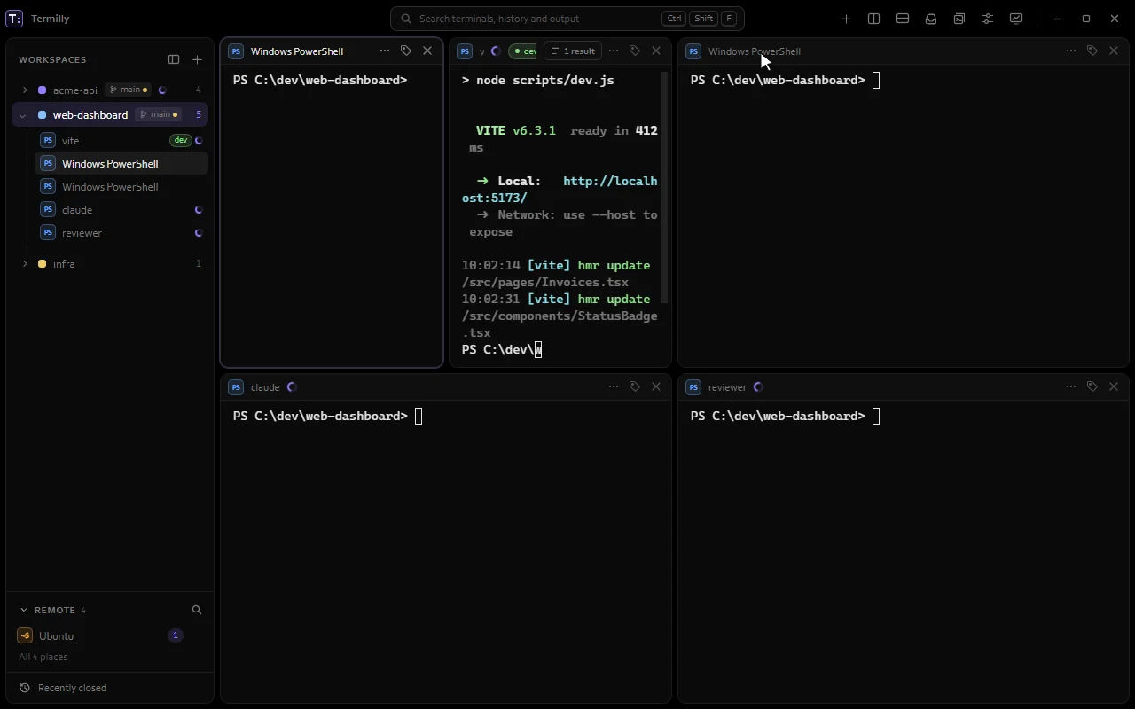 Splitting a pane right and down, then dragging a terminal by its title onto another to dock it beside it