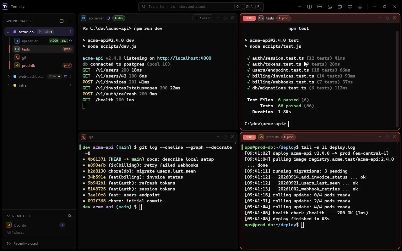 Tagging a terminal prod gives it a red frame and a PROD badge; tagging it dev instead takes them off