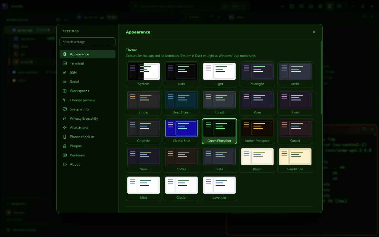 Settings, Appearance: clicking through Midnight, Deep Ocean, Classic Blue, Green Phosphor, Sunset, Paper and Glacier
