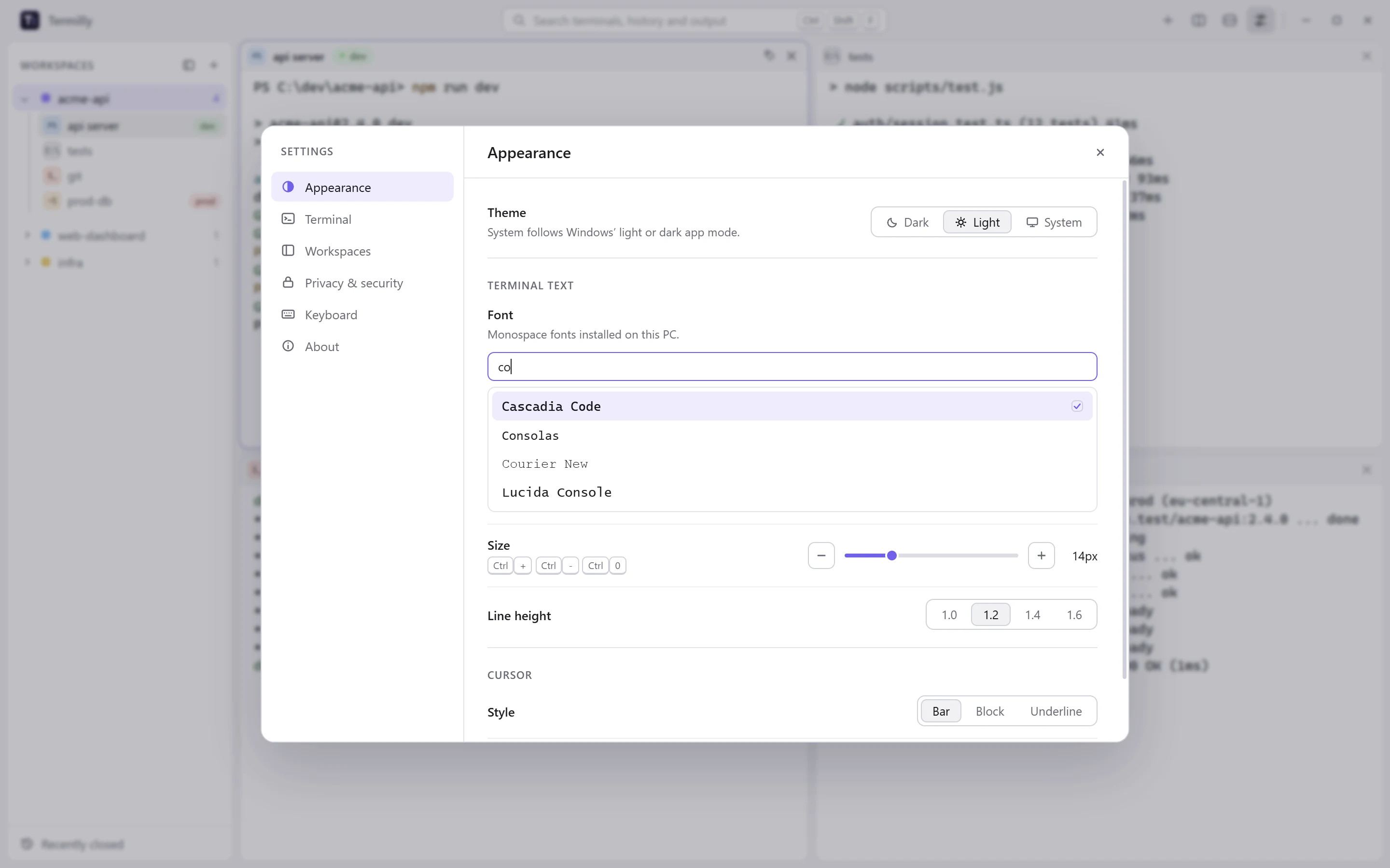 The Appearance settings in the light theme: theme switch, a searchable list of monospace fonts, size and line height